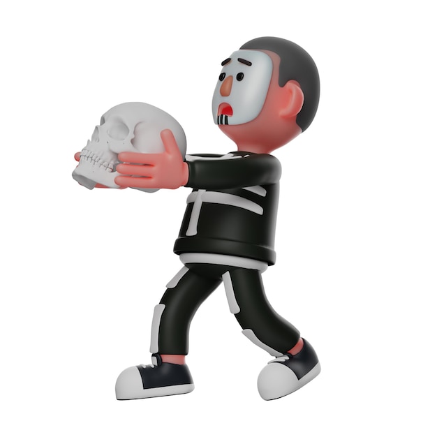 Ilustración 3D Dibujos animados en 3D de Skeleton Boy sosteniendo un esqueleto aterrador caminando mientras muestra un miedo