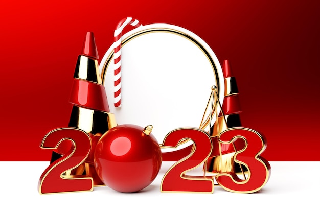 Ilustración 3d de dibujos animados feliz año nuevo 2023 tarjeta de felicitación banner de año nuevo con decoración y regalos