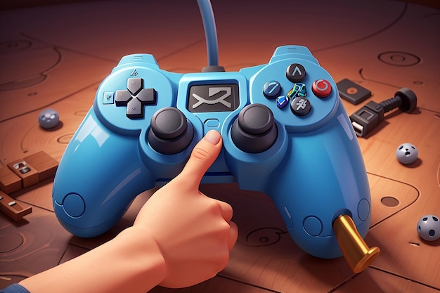 Ilustración 3D de dibujos animados de una mano agarrando un joystick de juego para jugar