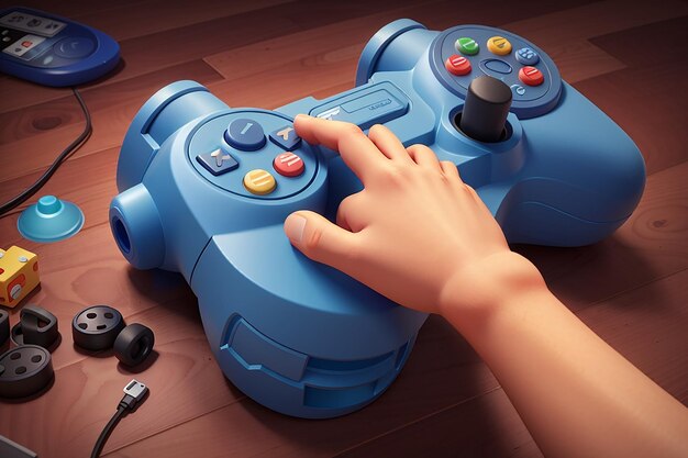 Ilustración 3D de dibujos animados de una mano agarrando un joystick de juego para jugar