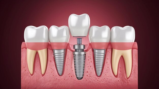 Foto ilustración 3d de dientes humanos y implantes dentales