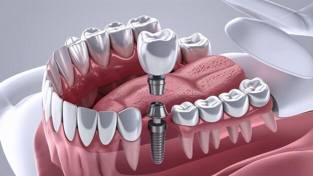 Ilustración 3D de dientes humanos y implantes dentales