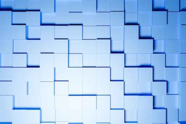 Ilustración 3d de diferentes filas de cuadrados azules. Conjunto de cubos sobre fondo monocromo, patrón. Fondo de geometría