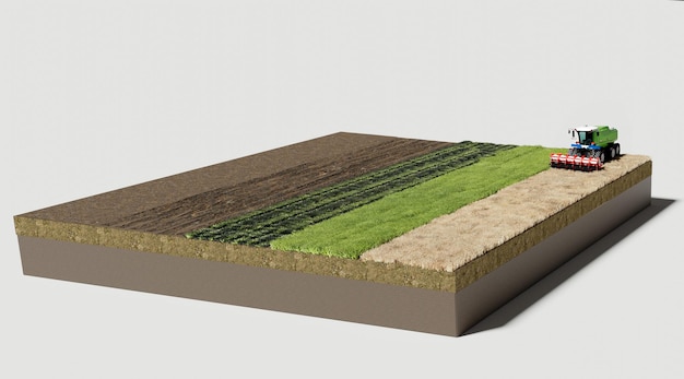 Ilustración 3d de diferentes granjas aisladas en 4 piezas redondas de agricultura paisajística con gre