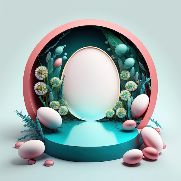 Ilustración 3D digital de un podio con flores de huevos de Pascua y decoración verde para exhibición de productos