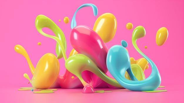 Ilustración 3D dinámica de fondo rosa brillante con formas líquidas abstractas y coloridas