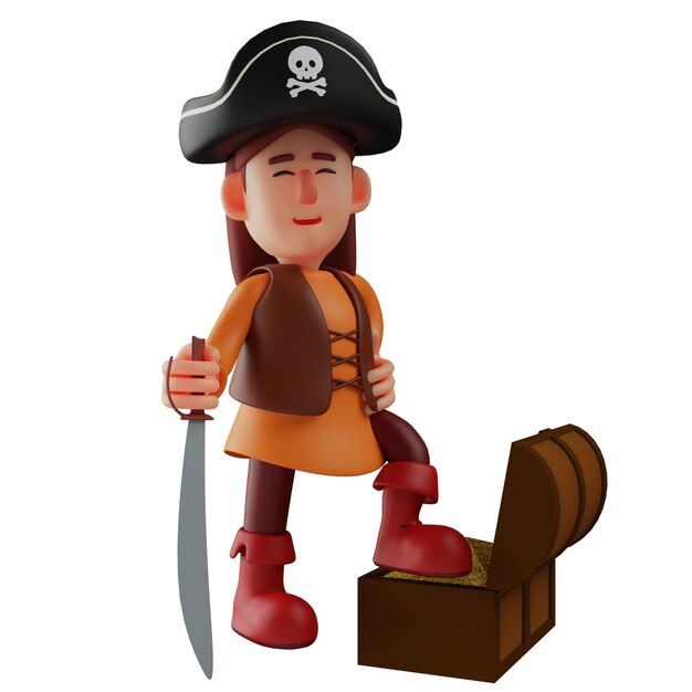 Foto ilustración 3d diseña un personaje pirata 3d pisando una caja de tesoros con una espada en la mano