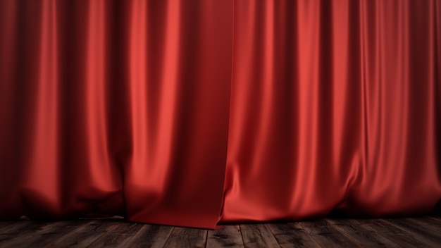 Ilustración 3D diseño de decoración de cortinas de terciopelo de seda roja de lujo, ideas. Telón rojo para telón de teatro o ópera. Maqueta para su proyecto de diseño