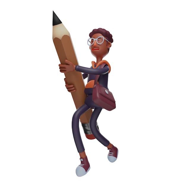 Ilustración 3D Diseño de dibujos animados 3D Estudiante sosteniendo un lápiz gigante que muestra una expresión facial pesada