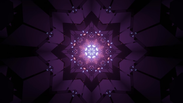 Ilustración 3d diseño de fondo de arte abstracto con adornos en forma de copo de nieve y estrella geométrica en tonos de neón púrpura en la oscuridad