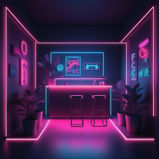 Ilustración en 3D de un diseño interior de neón Ilustración 3D de una iluminación de interior de neon