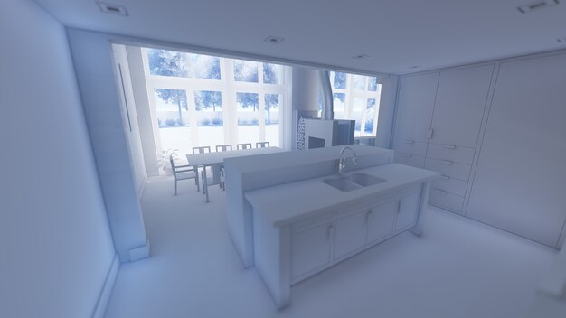 Ilustración 3d de diseño de interiores de sala de estar y cocina. Representación 3D.