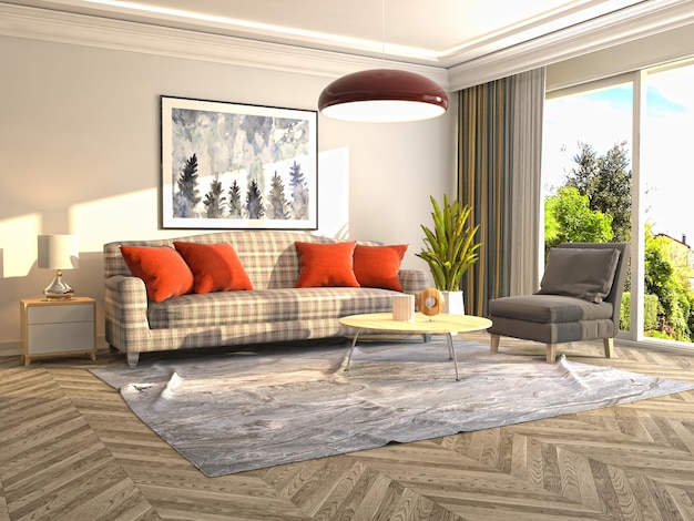 Ilustración 3d de diseño de interiores de sala de estar