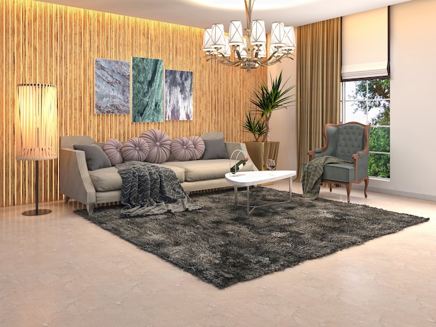 Ilustración 3d de diseño de interiores de sala de estar
