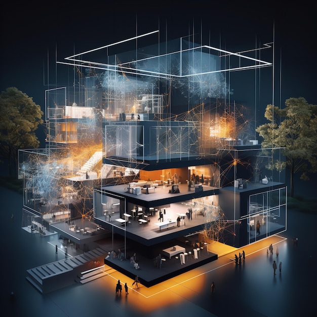 Ilustración 3D de un diseño de luz poligonal abstracto de un edificio de casas símbolo puntos y estructura IA generativa