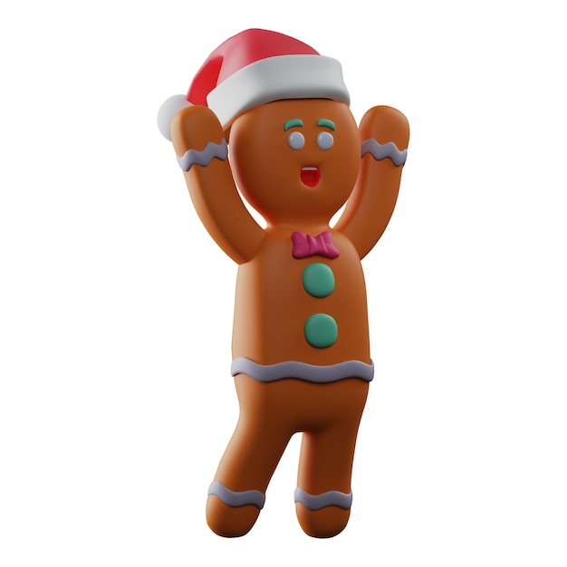 Ilustración 3D El diseño de pan de jengibre 3D tiene una expresión linda con ambas manos levantadas hacia arriba