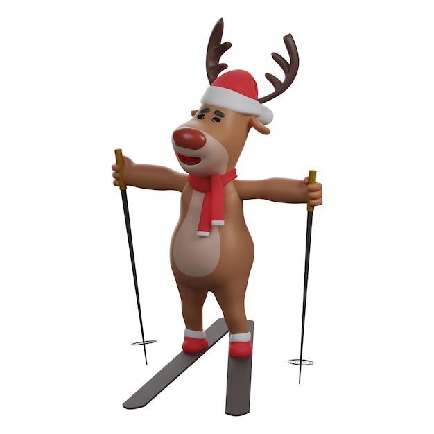 Ilustración 3D Diseño de personajes de renos navideños en 3D esquiando sosteniendo dos palos en la mano usando