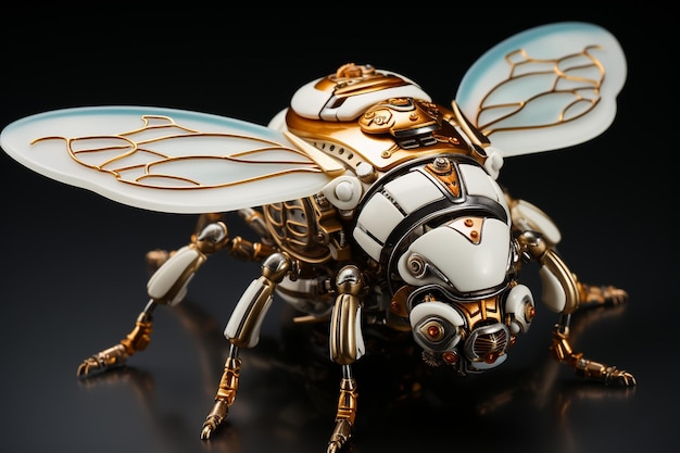 Ilustración en 3D de un diseño robótico de abeja cyborg