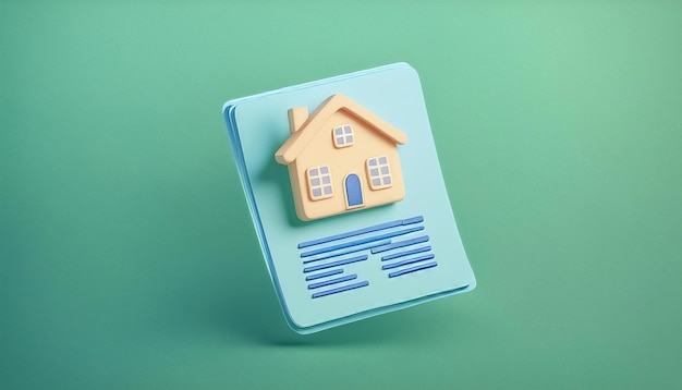 Una ilustración 3D de un documento azul con un icono de casa en él