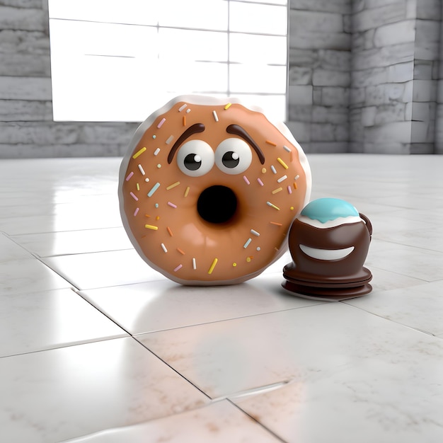 Ilustración 3D de un donut con chocolate y ojos azules