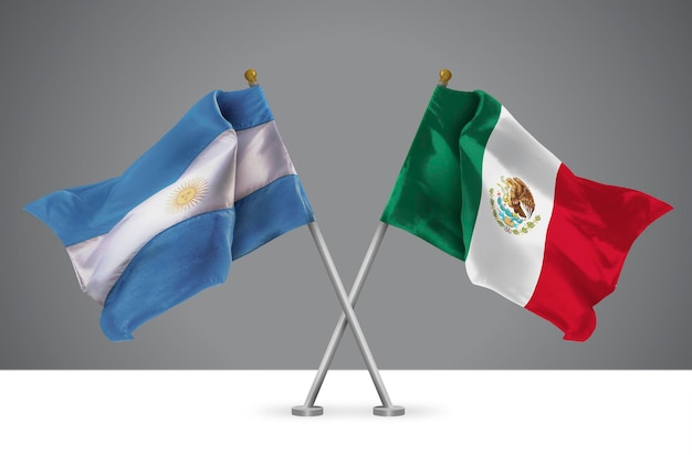 Ilustración 3D de dos banderas cruzadas de Argentina y México