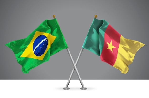 Ilustración 3D de dos banderas cruzadas de Camerún y Brasil