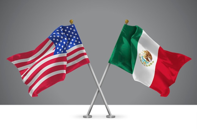 Foto ilustración 3d de dos banderas cruzadas de estados unidos y méxico