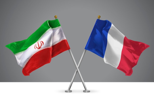 Ilustración 3D de dos banderas cruzadas de Irán y Francia