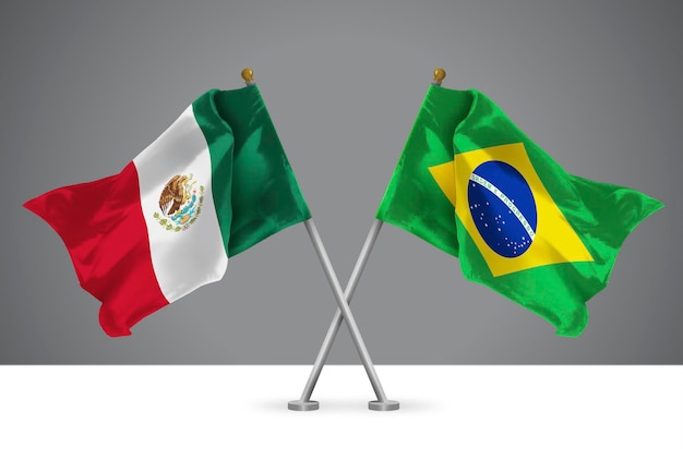 Ilustración 3D de dos banderas cruzadas de México y Brasil