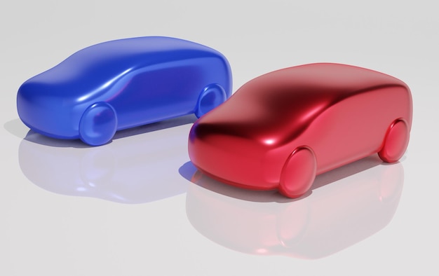 Ilustración 3d de dos coches de juguete de colores brillantes uno al lado del otro y una superficie blanca rosácea