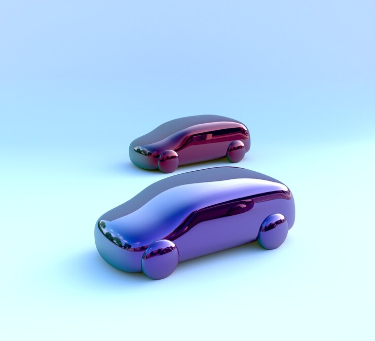 Foto ilustración 3d de dos coches de juguete reflectantes en perspectiva sobre la superficie azul degradado