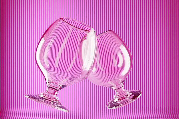 Ilustración 3d dos copas de vidrio para coñac, whisky sobre un fondo rosa.