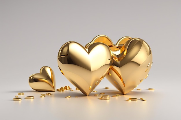 Ilustración en 3D de dos corazones de oro aislados en blanco