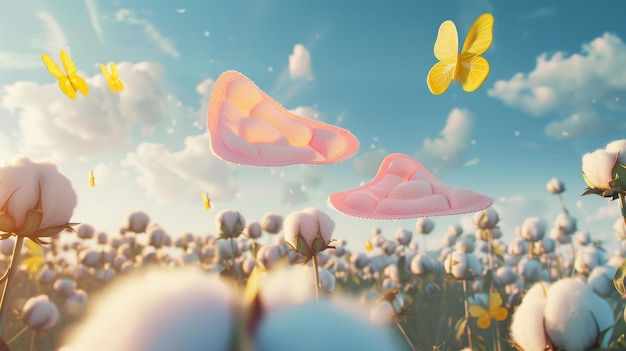 Ilustración 3D de dos paquetes de toallas sanitarias flotando sobre un campo de algodón con mariposas amarillas volando a través del concepto de toallas de textura suave con alas