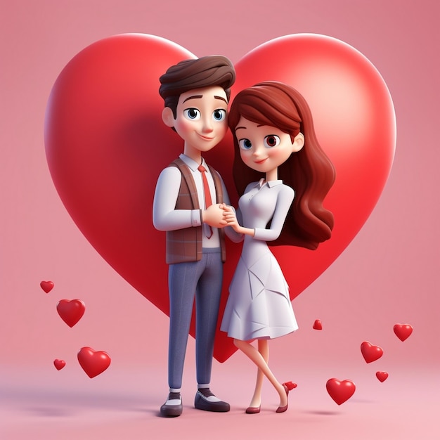 Ilustración 3D dos personajes con corazones día de San Valentín AI generativo