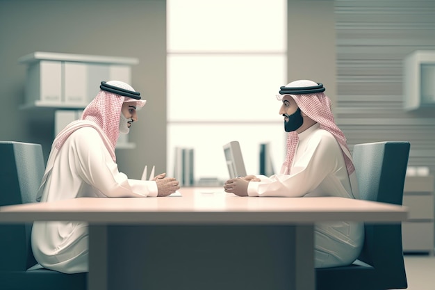Ilustración 3D de dos personas del Golfo de Arabia Saudita negocian en bienes raíces AI generado