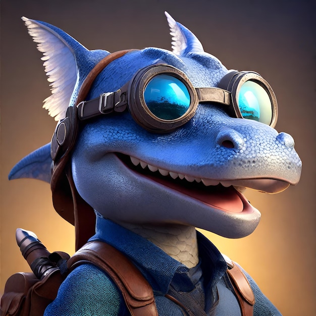 Ilustración 3D de un dragón de fantasía con casco y gafas de protección