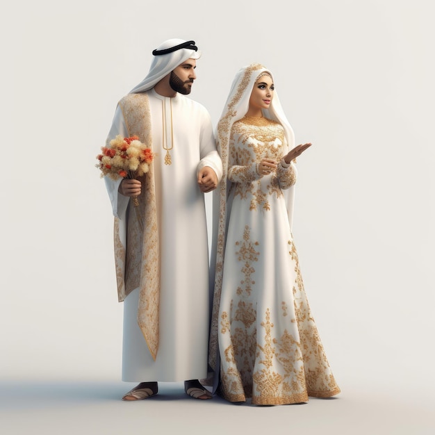 Ilustración 3d de una dulce pareja de los Emiratos Árabes Unidos el día de la boda Generado por IA