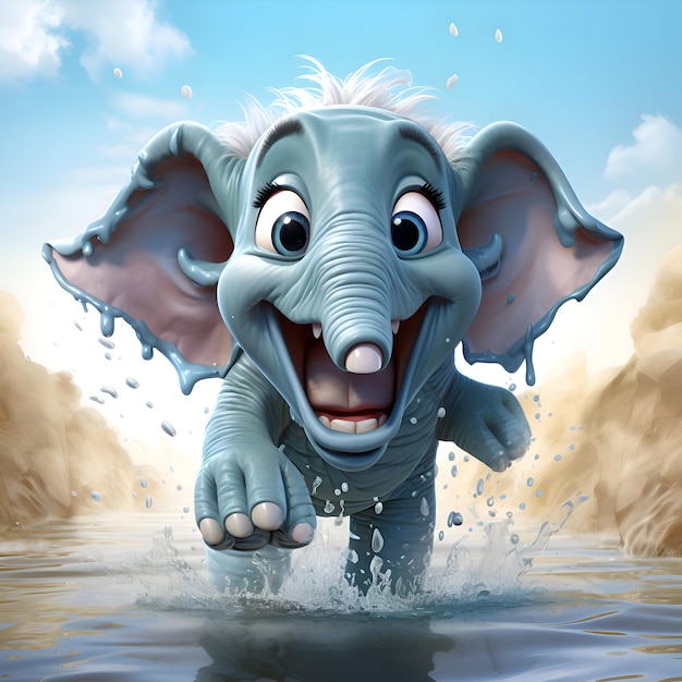 Ilustración en 3D de un elefante de dibujos animados salpicando en el agua para niños