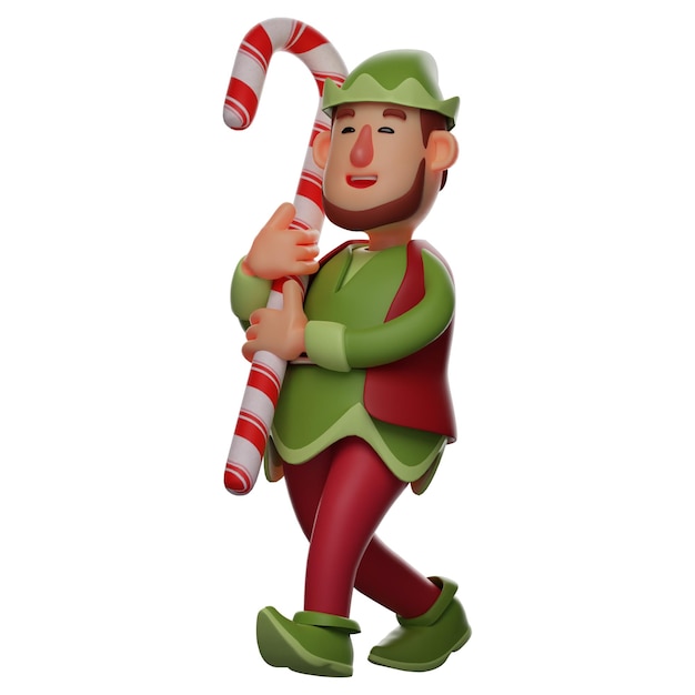 Ilustración 3D Elf Personaje de dibujos animados que sostiene un bastón de caramelo gigante caminando con una linda sonrisa