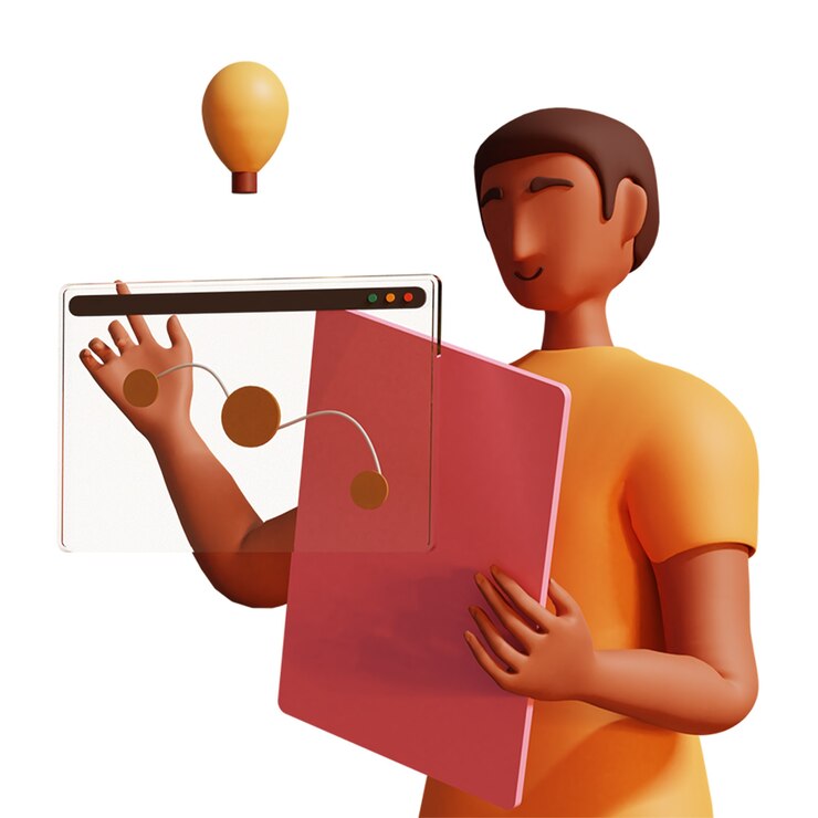 Foto ilustración 3d del empresario trabajando con pantalla virtual y bombilla sobre fondo blanco.