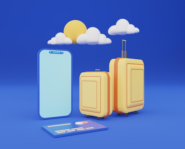 Ilustración 3D de equipo de viajero Maleta o equipaje y teléfono móvil sobre fondo azul