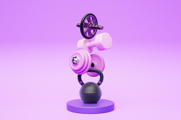 Ilustración 3D de equipos deportivos multicolores en forma de una pirámide pesas pesas rodillos de gimnasia para la prensa estandarte de la tienda de juegos deportivos
