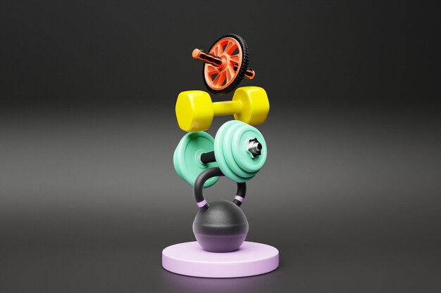 Ilustración 3D de equipos deportivos multicolores en forma de una pirámide pesas pesas rodillos de gimnasia para la prensa estandarte de la tienda de juegos deportivos