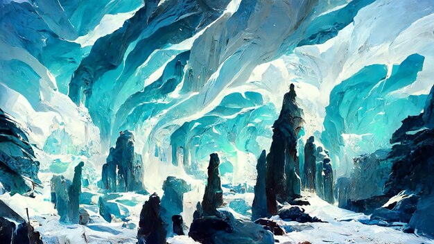Ilustración 3D de la escena del bosque congelado de hielo y nieve