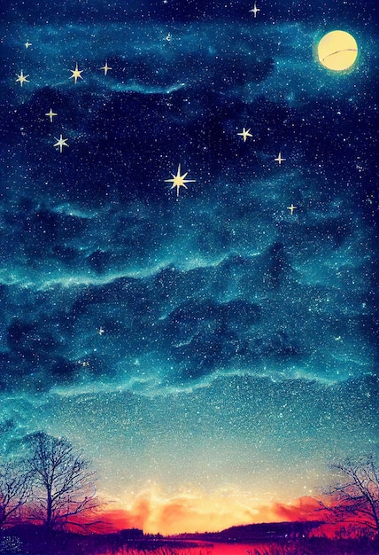 Foto ilustración 3d de la escena del cielo estrellado de navidad