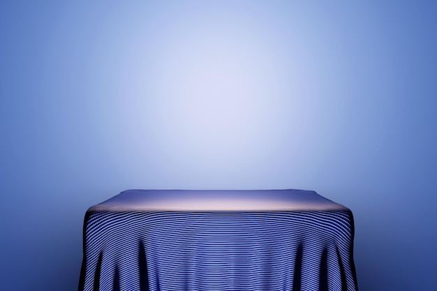 Ilustración 3d de una escena de un cuadrado sobre un pedestal bajo un paño azul sobre un fondo monocromo