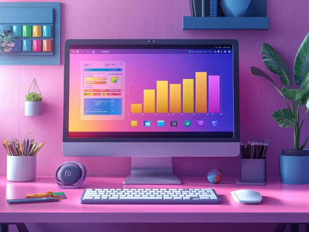 Ilustración 3D de un escritorio moderno de diseñadores gráficos con iluminación de neón por computadora