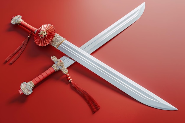 Ilustración en 3D de una espada china sobre un fondo rojo