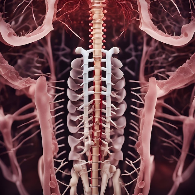 Foto ilustración 3d de la espalda y la columna vertebral humanas en rayos x